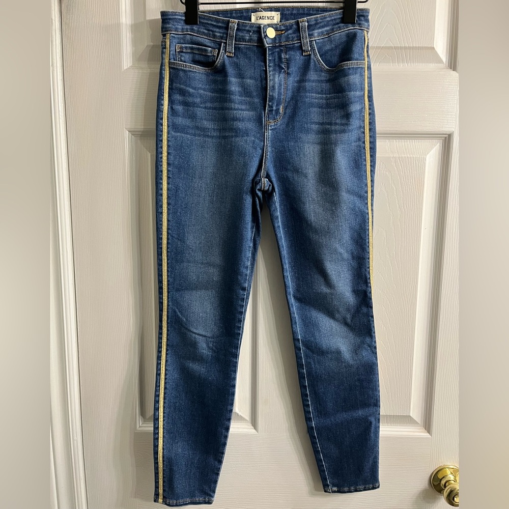 L'AGENCE 'Margot' High Rise Skinny gold Tuxedo Stripe Jeans size 28 - Picture 2 of 5